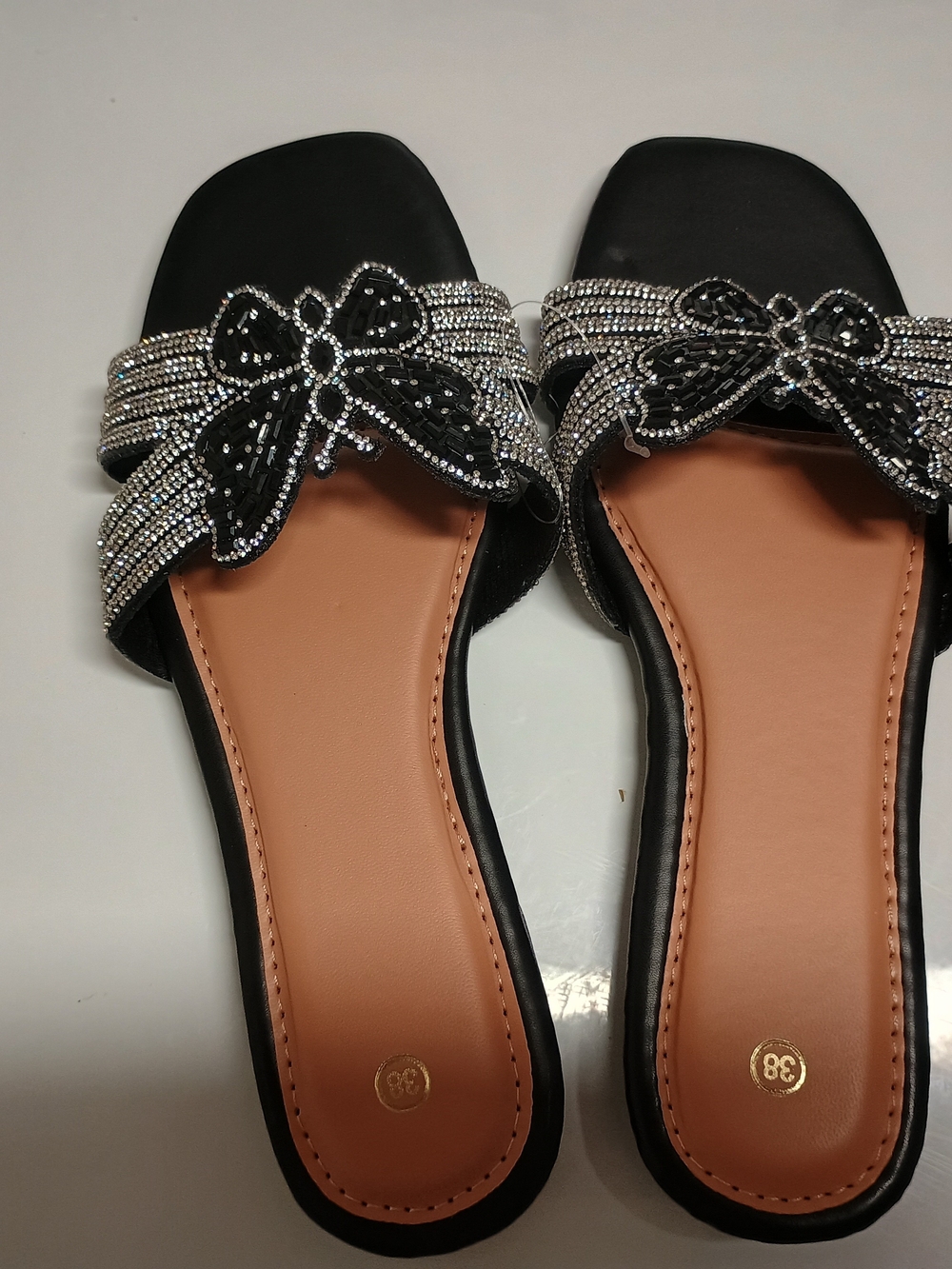 Embellished Black Slide Sandals with Rhinestone Bow